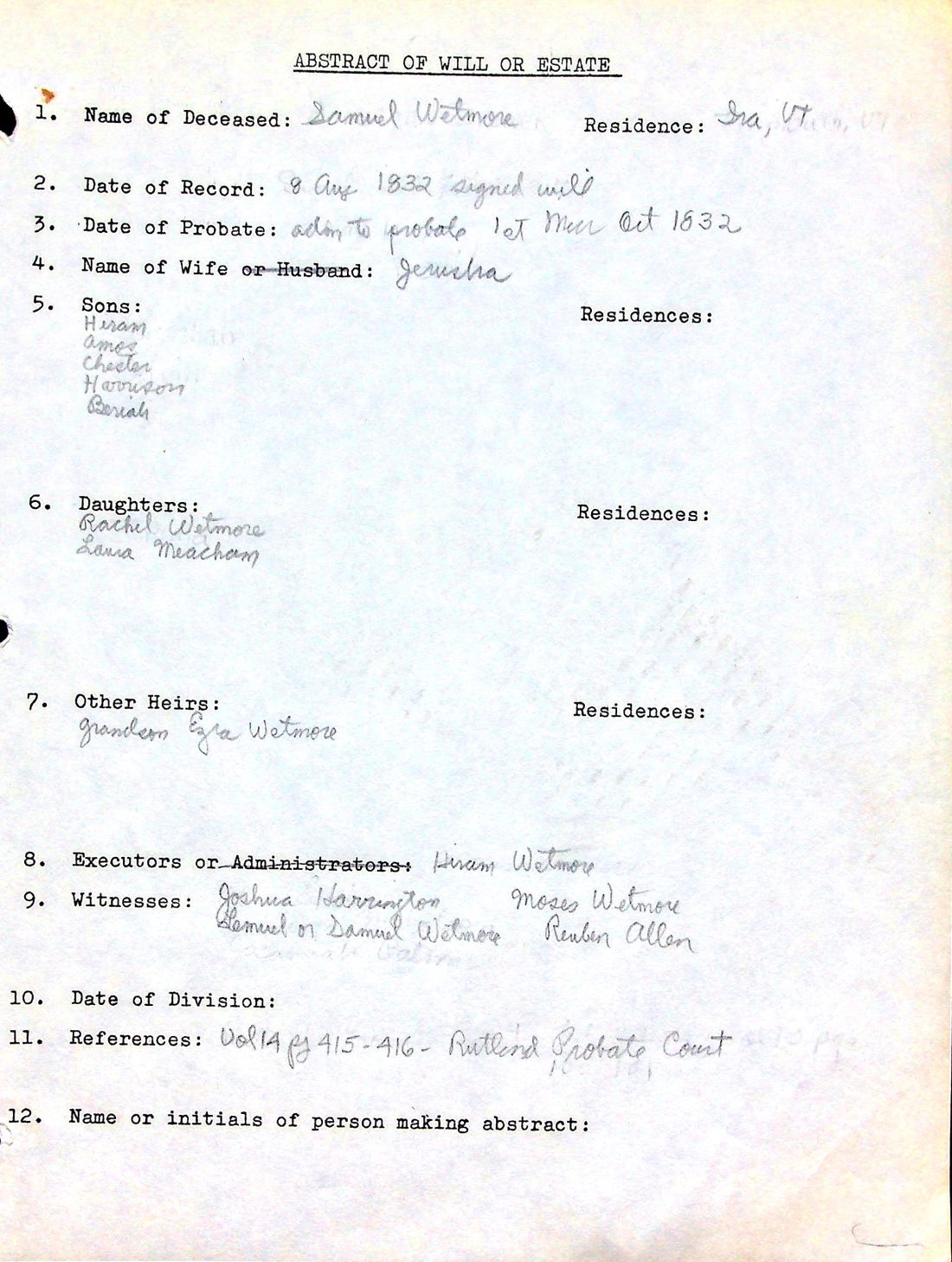 WETMORE, Samuel (b. Conn. d. 1832 Ira) 2 abstract of will